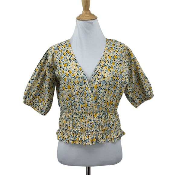 Sim & Sam Crop Top Womens L Large Yellow Floral Shirred Waist Puff Sleeve V Neck - Picture 1 of 13